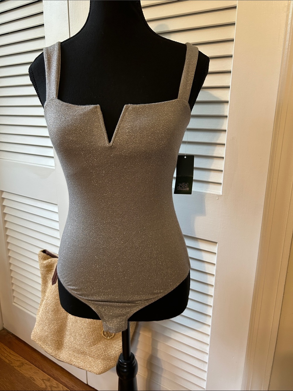 wild fable Shimmery Silver V-Notch Square Neck Bodysuit